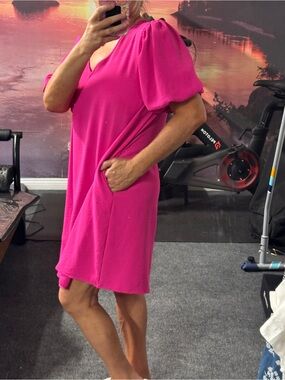 HOT Pink V-Neck Puff Sleeve Dress
